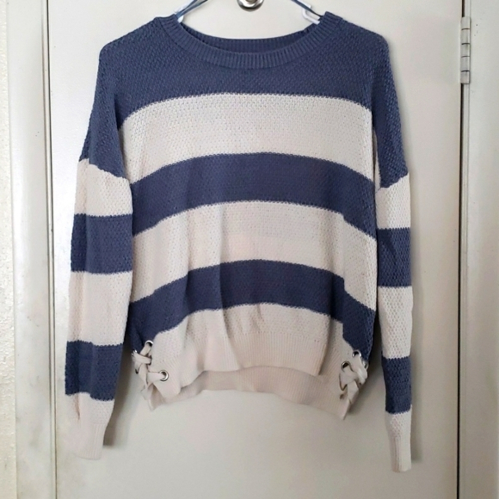 Pink Republic Blue/White Striped Ragland Sleeve Sweater Lace-up Hem Details SZ L